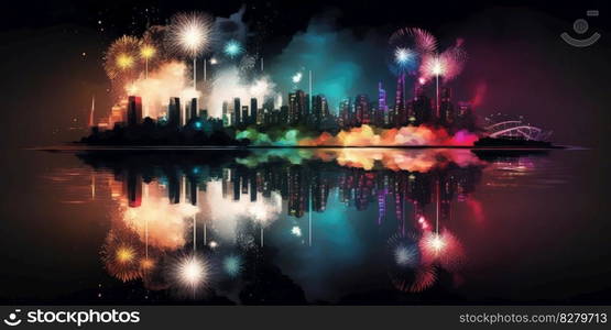 Firework explode over city skyline at night. distinct generative AI image.. Firework explode over city skyline at night