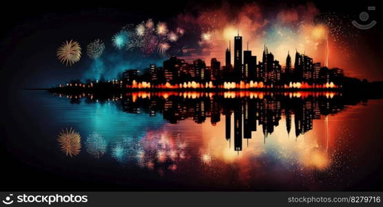 Firework explode over city skyline at night. distinct generative AI image.. Firework explode over city skyline at night