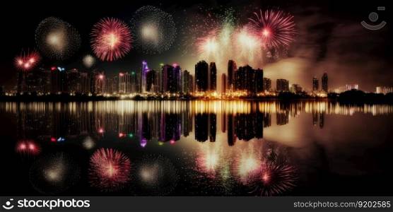 Firework explode over city skyline at night. distinct generative AI image.. Firework explode over city skyline at night