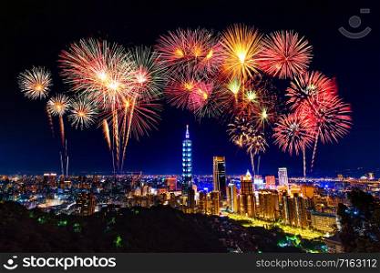 Fireworks celebrating over Taipei cityscape at night, Taiwan