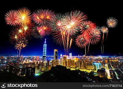 Fireworks celebrating over Taipei cityscape at night, Taiwan
