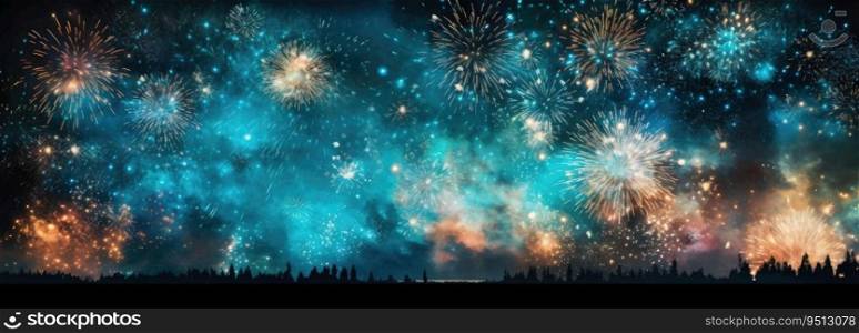 Fireworks celebration New Year&rsquo;s Eve background, panoramic banner