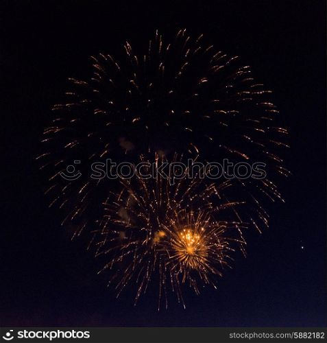 Fireworks display at night on Canada Day, Kenora, Lake Of The Woods, Ontario, Canada