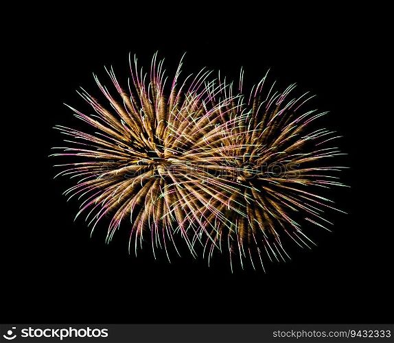 Fireworks display isolated on black background for celebration and anniversary