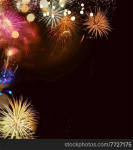 Fireworks explosions on black, celebrating New Year festive. Fireworks explosions on black