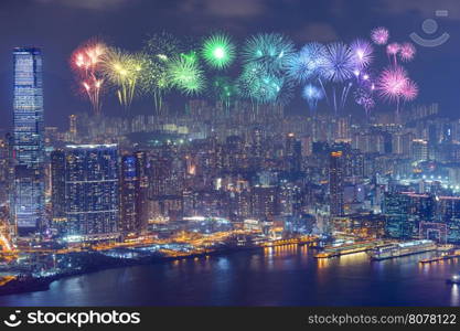 Fireworks Festival over Hong Kong city at night, view from The Peak