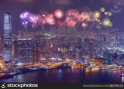 Fireworks Festival over Hong Kong city at night, view from The Peak
