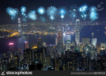 Fireworks Festival over Hong Kong city at night, view from The Peak