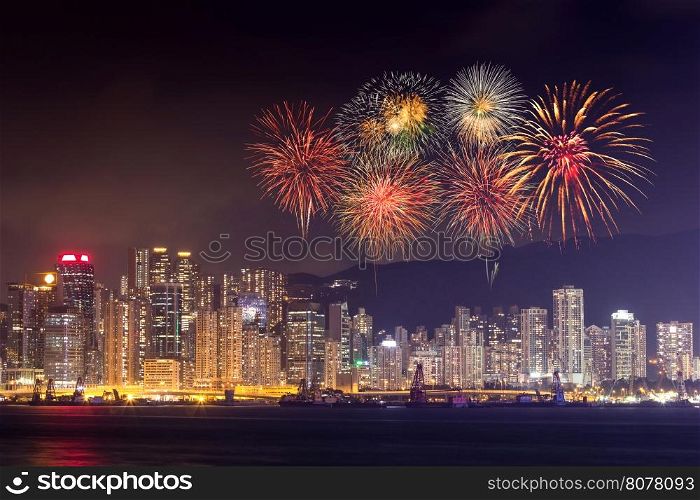 Fireworks Festival over Hong Kong city, view from Victoria Harbour
