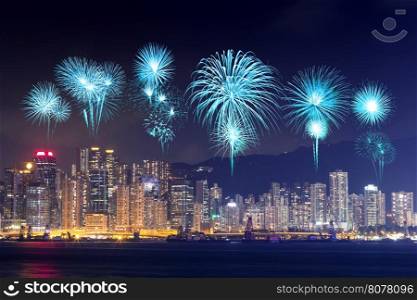 Fireworks Festival over Hong Kong city, view from Victoria Harbour