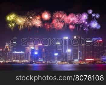 Fireworks Festival over Hong Kong city, view from Victoria Harbour