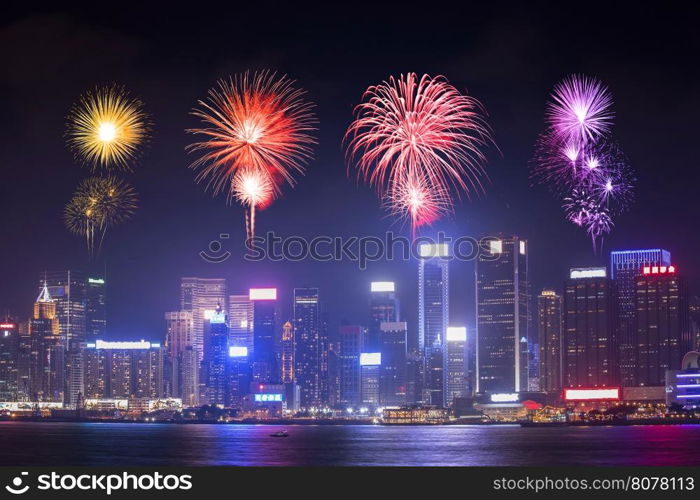 Fireworks Festival over Hong Kong city, view from Victoria Harbour