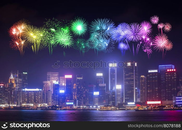 Fireworks Festival over Hong Kong city, view from Victoria Harbour