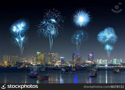 Fireworks Festival over Pattaya beach at night, Chonburi, Thailand