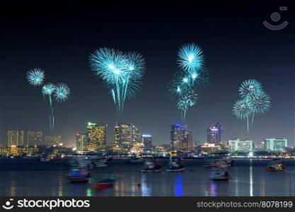 Fireworks Festival over Pattaya beach at night, Chonburi, Thailand