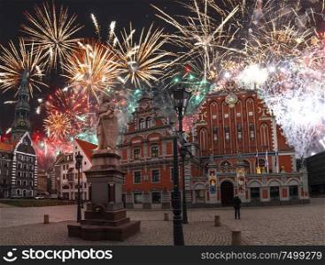 fireworks in riga. Celebrating the new year 2020.