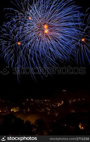 Fireworks over a town