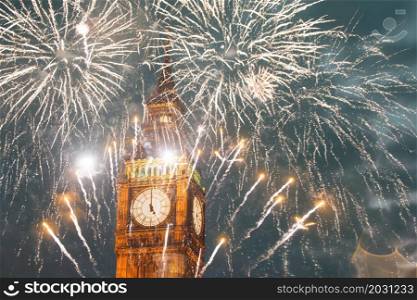 fireworks over Big Ben New Year celebrations in London, UK