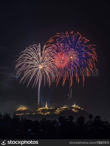 Fireworks over Phra Nakhon Khiri Historical Park (Khao Wang palace) in petchaburi, Thailand