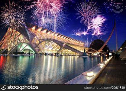 fireworks over the city of the Arts and Sciences, Ciudad de las Artes y las Ciencias at New Year in Valencia, Spain.