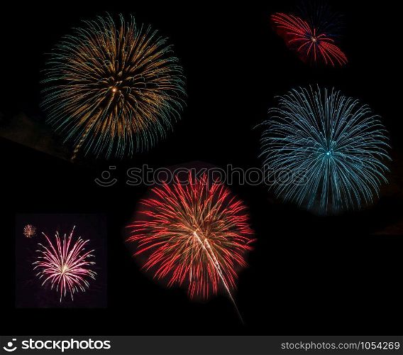 Fireworks set in celebration night on black background