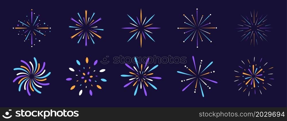Fireworks set. Salute for holidays and parties. Vector illustration.