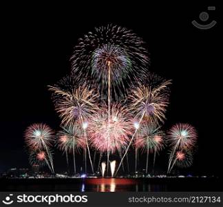 Fireworks show at Pattaya beach, Major attractions of Chonburi Province in Thailand.