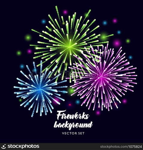 Fireworks Vector illustration on blue night background. Fireworks Vector illustration on dark blue night background