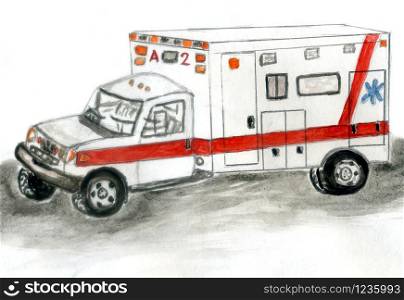 First aid, ambulance car hand drawn watercolor illustration.