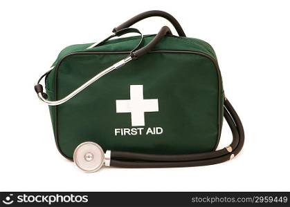 First aid kit and stethoscope isolated on the white
