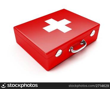 First aid kit. Red suitcase isolated on white background.