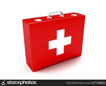 First aid kit. Red suitcase isolated on white background.