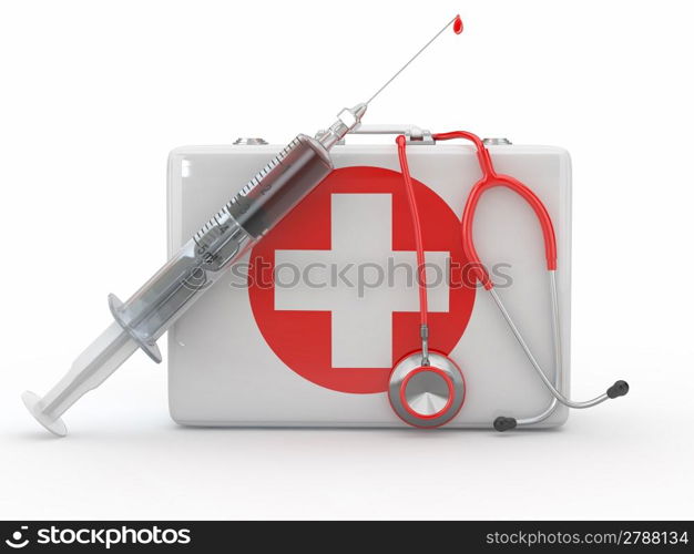 First aid kit, syringe and stethscope. 3d