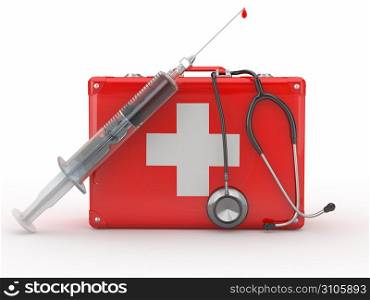 First aid kit, syringe and stethscope. 3d