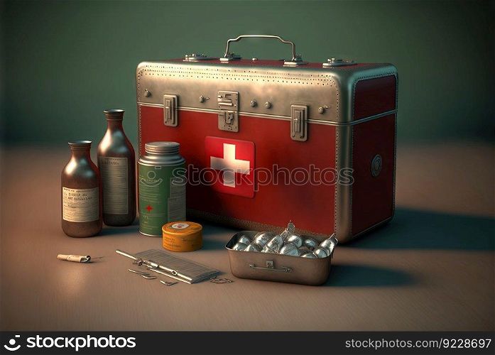 First aid kit with abstract box, medicines and supplies. Emergency health care equipment set. Generated AI. First aid kit with abstract box, medicines and supplies. Emergency health care equipment set. Generated AI.