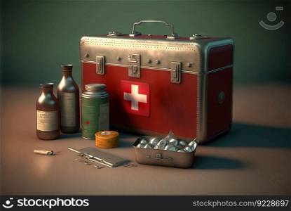First aid kit with abstract box, medicines and supplies. Emergency health care equipment set. Generated AI. First aid kit with abstract box, medicines and supplies. Emergency health care equipment set. Generated AI.