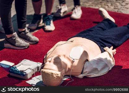 First Aid Training Outdoors. Cardiopulmonary resuscitation. First aid course. 