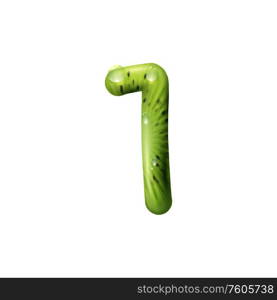 First digit, number one of kiwi fruit isolated numeric figure. Vector 1 sign, summer food font. Number 1 figure kiwi fruit and aqua isolated digit