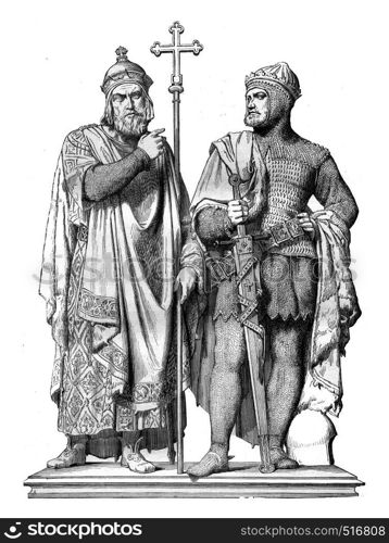 First Miecislas and Boleslaw the Great Bronze group by Rauch, in the Cathedral of Poznan, a city of the Prussian states, vintage engraved illustration. Magasin Pittoresque 1845.