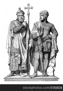 First Miecislas and Boleslaw the Great Bronze group by Rauch, in the Cathedral of Poznan, a city of the Prussian states, vintage engraved illustration. Magasin Pittoresque 1845.