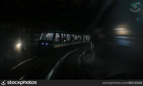First person window perspective view of underground Paris subway moving fast toward light at the end of tunnel. Paris train moving toward end of tunnel