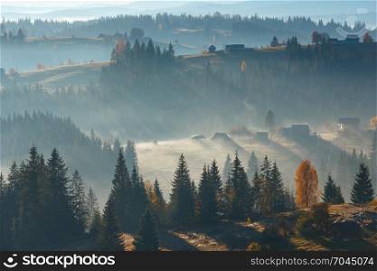 First rays of sun through fog on slopes. Morning autumn Carpathian village landscape (Ivano-Frankivsk oblast, Ukraine).