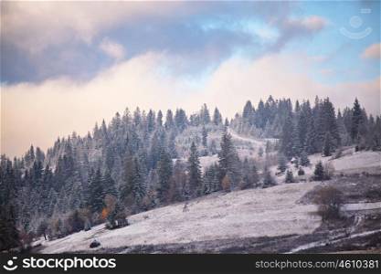 First snow in autumn. Snowfall in mountains. Carpathian mountains