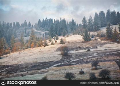 First snow on the Carpathian mountains hills