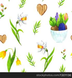 First spring flowers pattern on a white background. Narcissus, crocus, primroses watercolor illustration. For design of clothes, cards, books, decor.