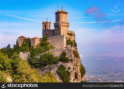 First tower Guaita fortress in the city of San Marino of the Republic of San Marino in sunny day. Guaita fortress in San Marino