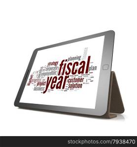 Fiscal year word cloud on tablet image with hi-res rendered artwork that could be used for any graphic design.. Fiscal year word cloud on tablet