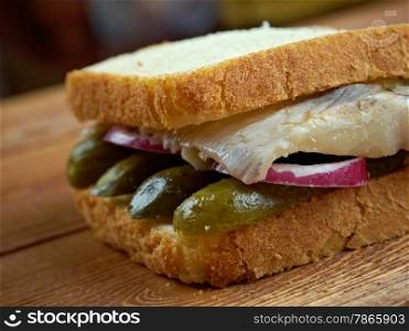 Fischbrotchen - sandwich made with fish and onions.eaten in Northern Germany. preparation bismarck herring or soused herring