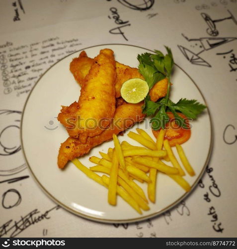 fish and chips meal breaded cod fish fillet with French fries served on plate good british meal usually served in a pub