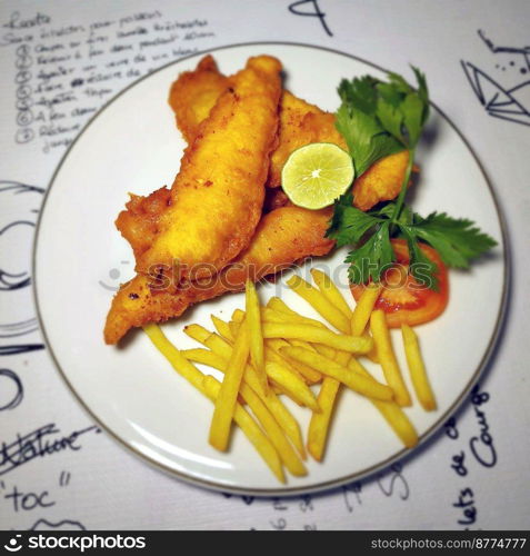 fish and chips meal breaded cod fish fillet with French fries served on plate good british meal usually served in a pub